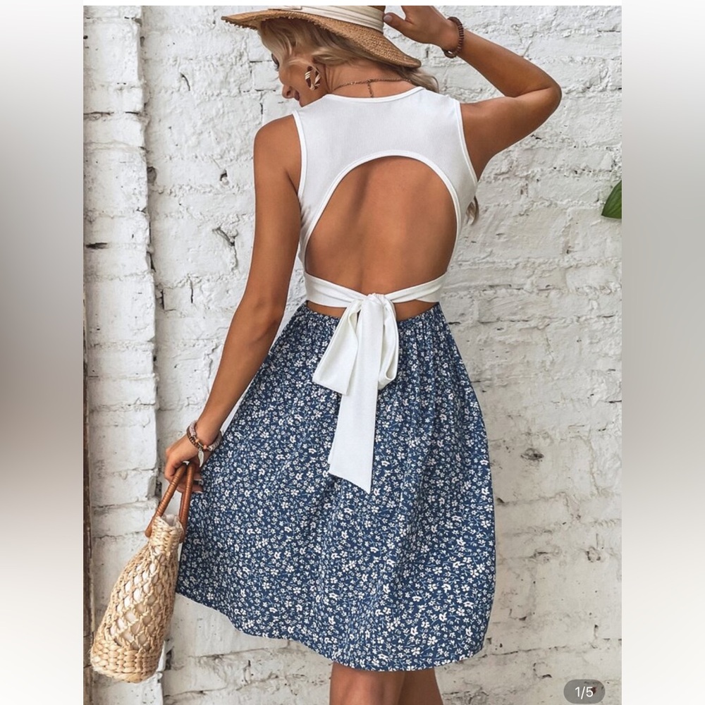 White and Blue Floral Women's Dress backless